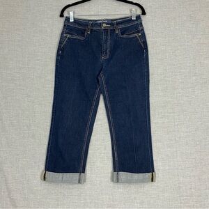 Santana Capris Folded Cuff Dark Wash Blue Sz 8 Stretchy Mid Rise